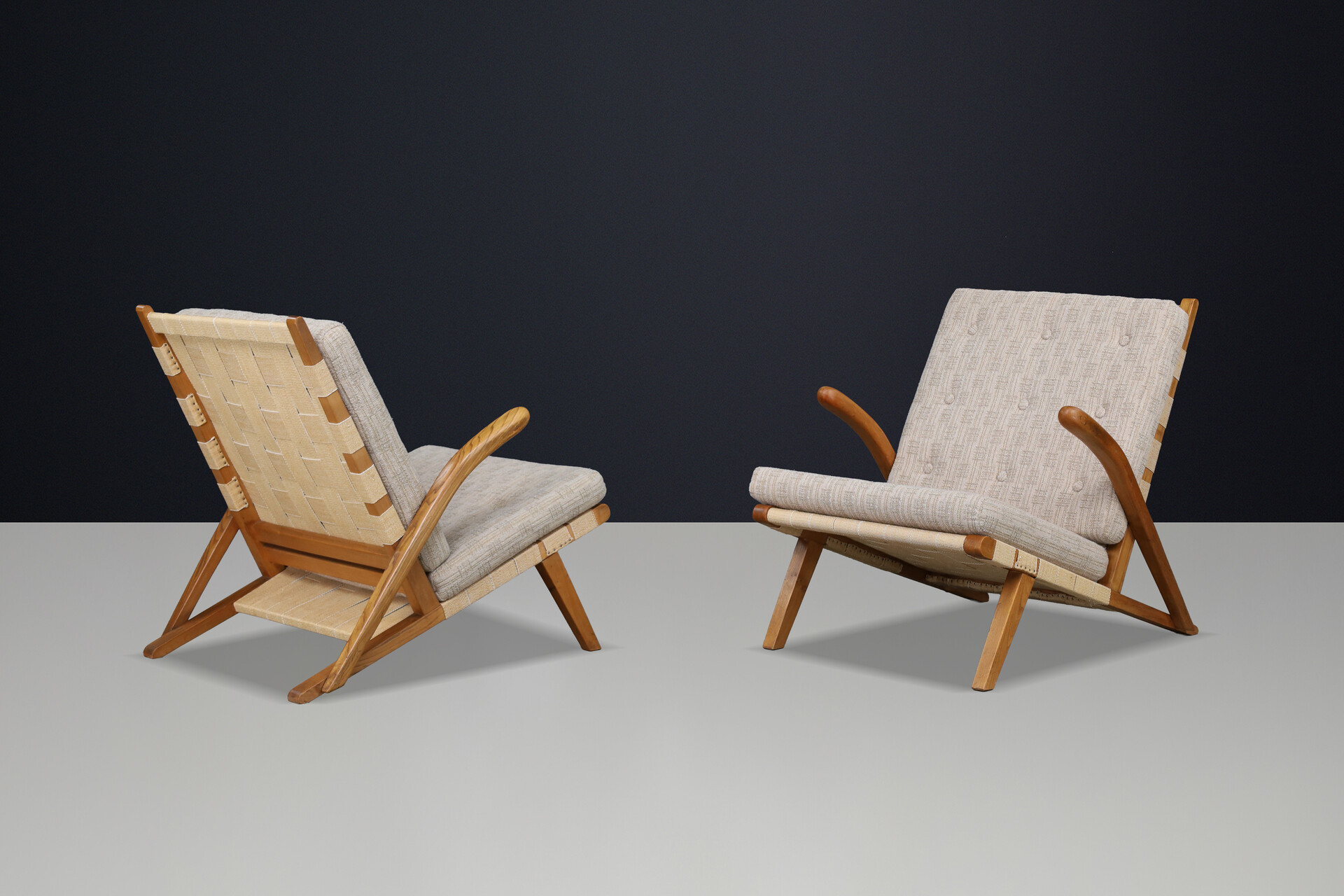 Pair of Sculptural Oak Lounge Chairs, Europe, 1960s Mid-20th century