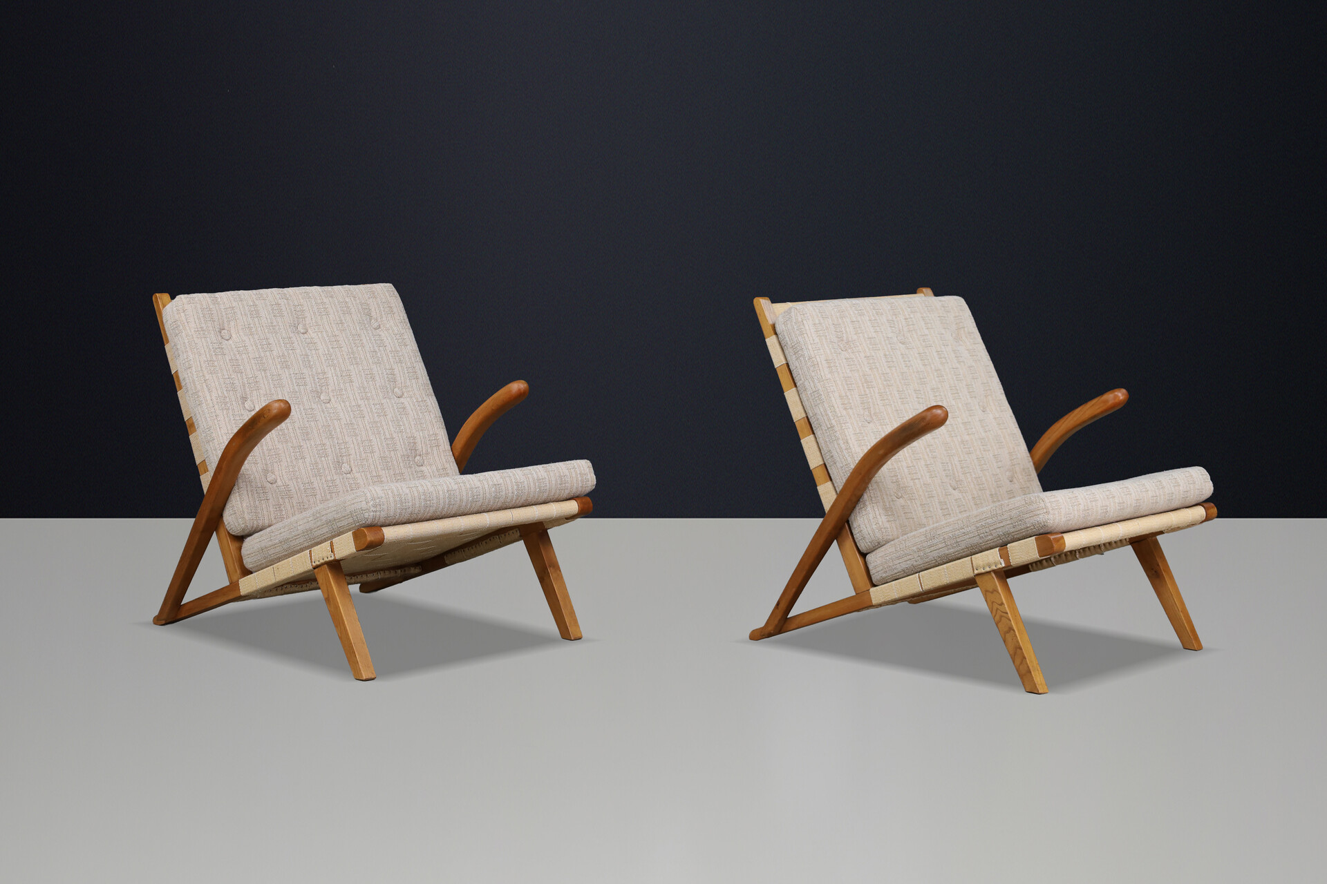 Pair of Sculptural Oak Lounge Chairs, Europe, 1960s Mid-20th century
