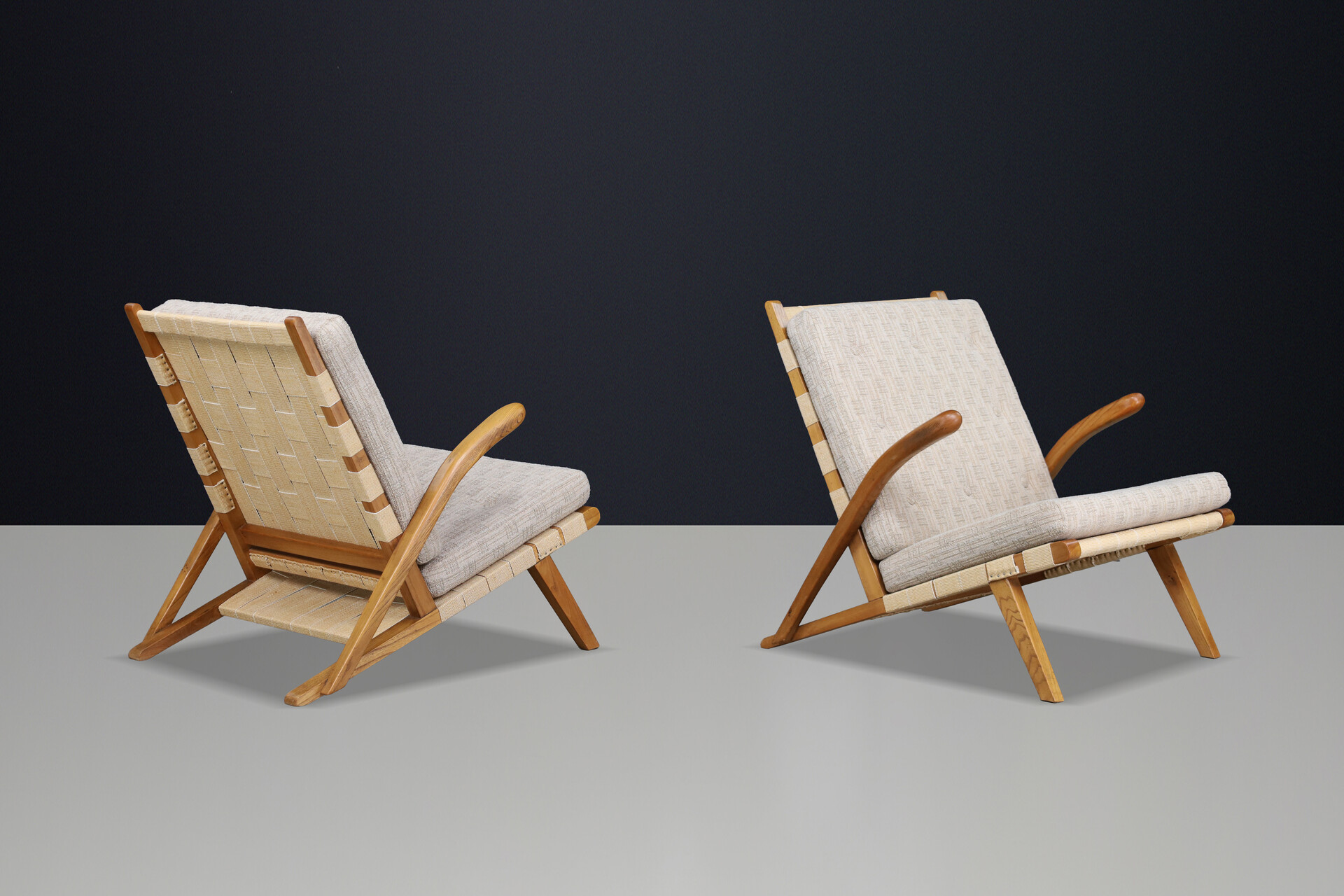 Pair of Sculptural Oak Lounge Chairs, Europe, 1960s Mid-20th century
