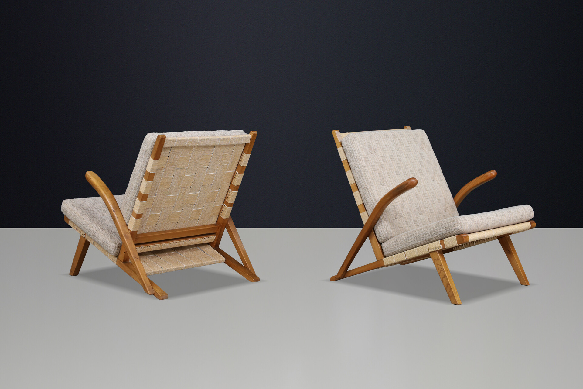 Pair of Sculptural Oak Lounge Chairs, Europe, 1960s Mid-20th century