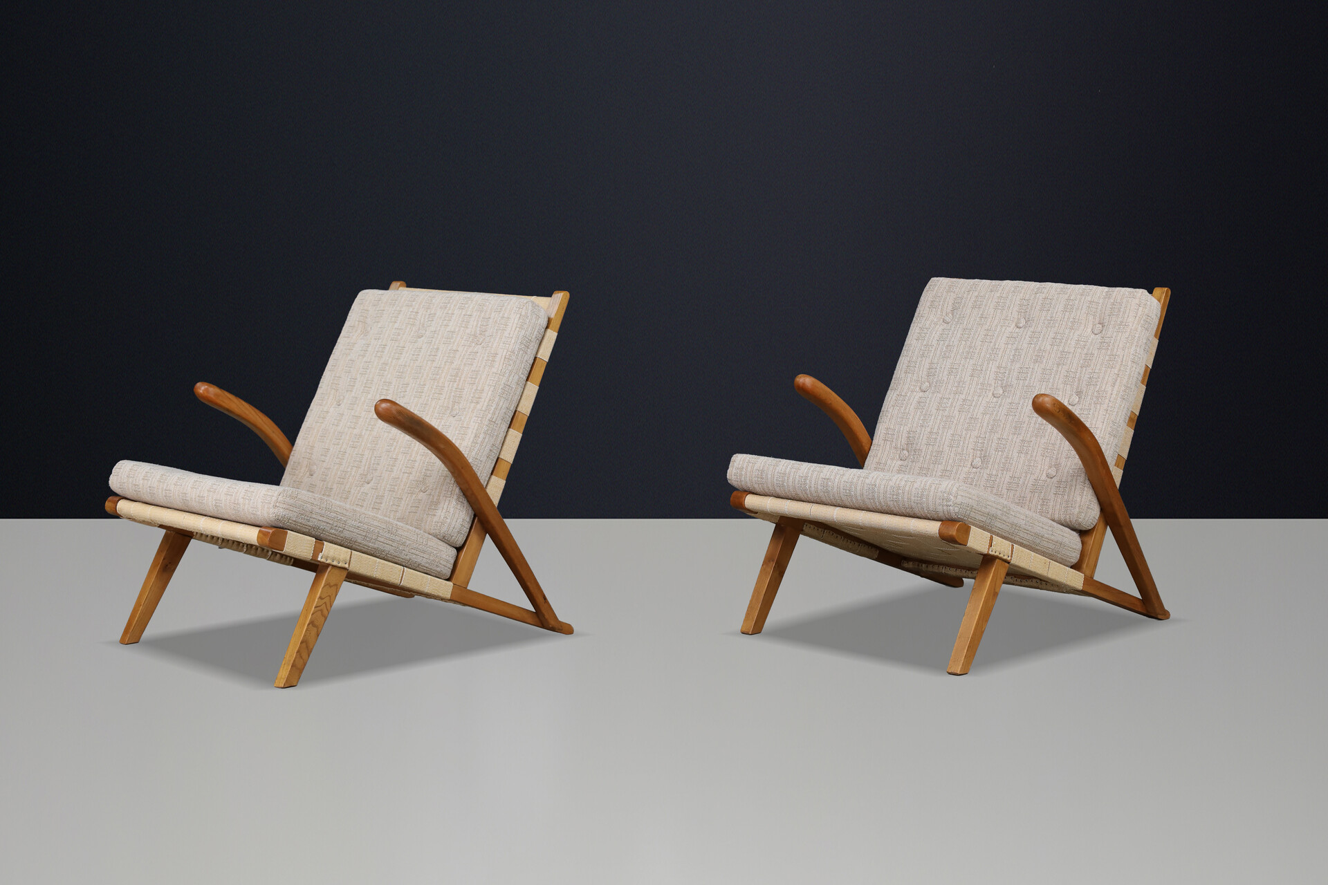 Pair of Sculptural Oak Lounge Chairs, Europe, 1960s Mid-20th century