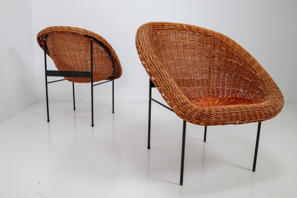 Pair of Two Wicker Midcentury Easy Chairs, France, 1960s