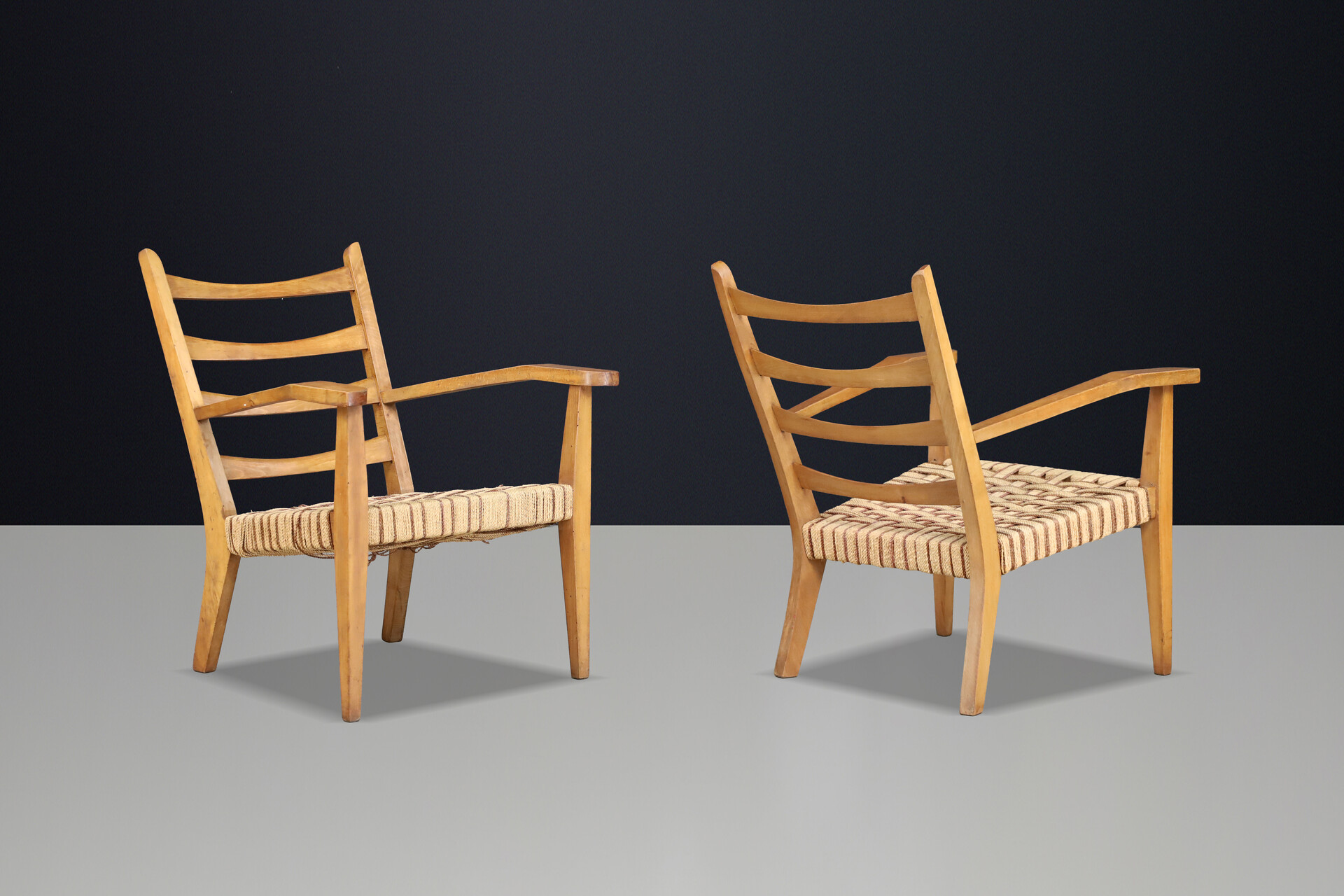 Pair Sculptural Italian Beechwood Armchairs with Original Woven Rope Seats 1940 Mid-20th century