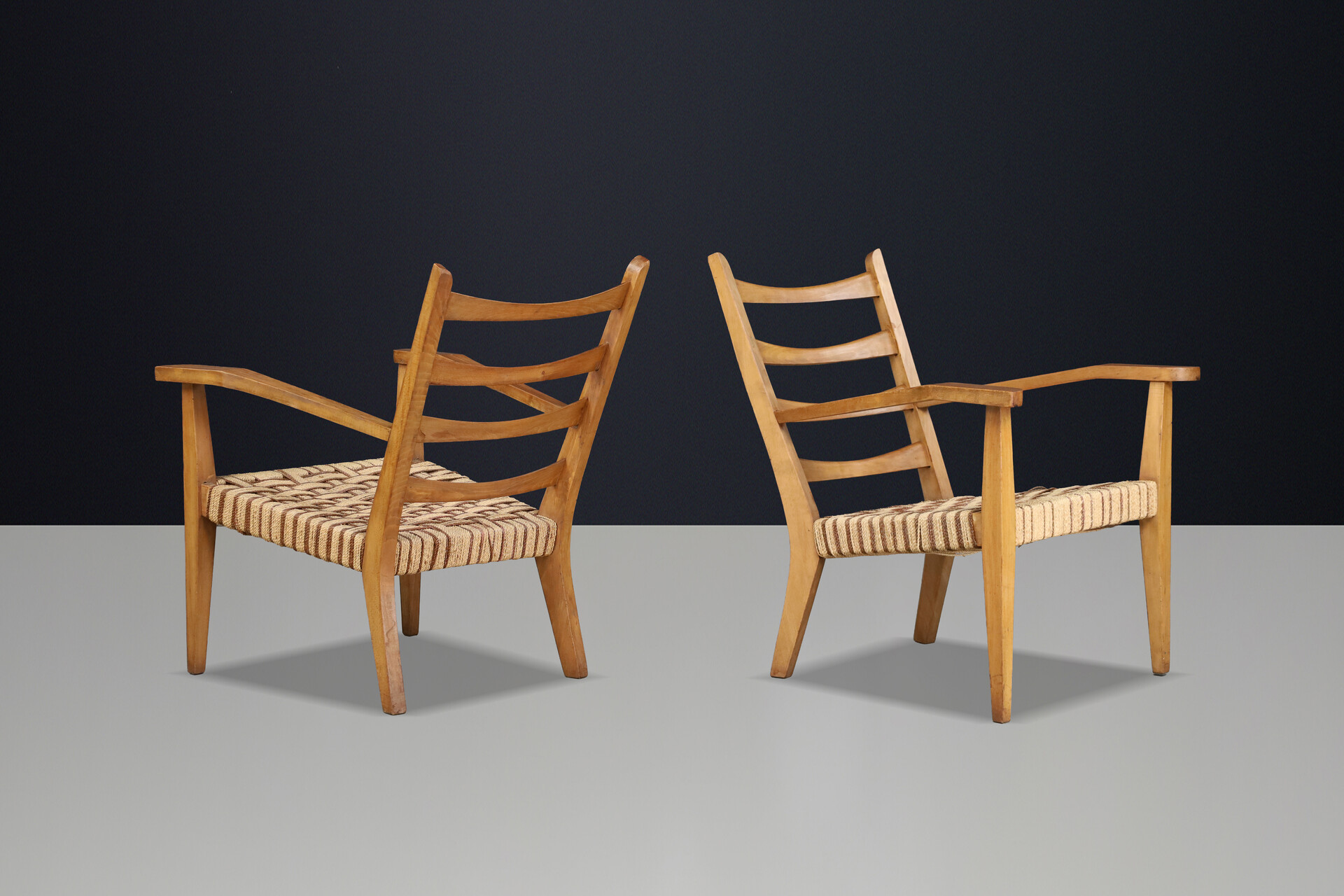 Pair Sculptural Italian Beechwood Armchairs with Original Woven Rope Seats 1940 Mid-20th century