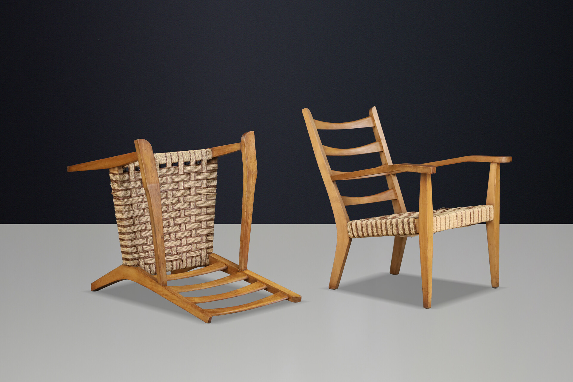 Pair Sculptural Italian Beechwood Armchairs with Original Woven Rope Seats 1940 Mid-20th century
