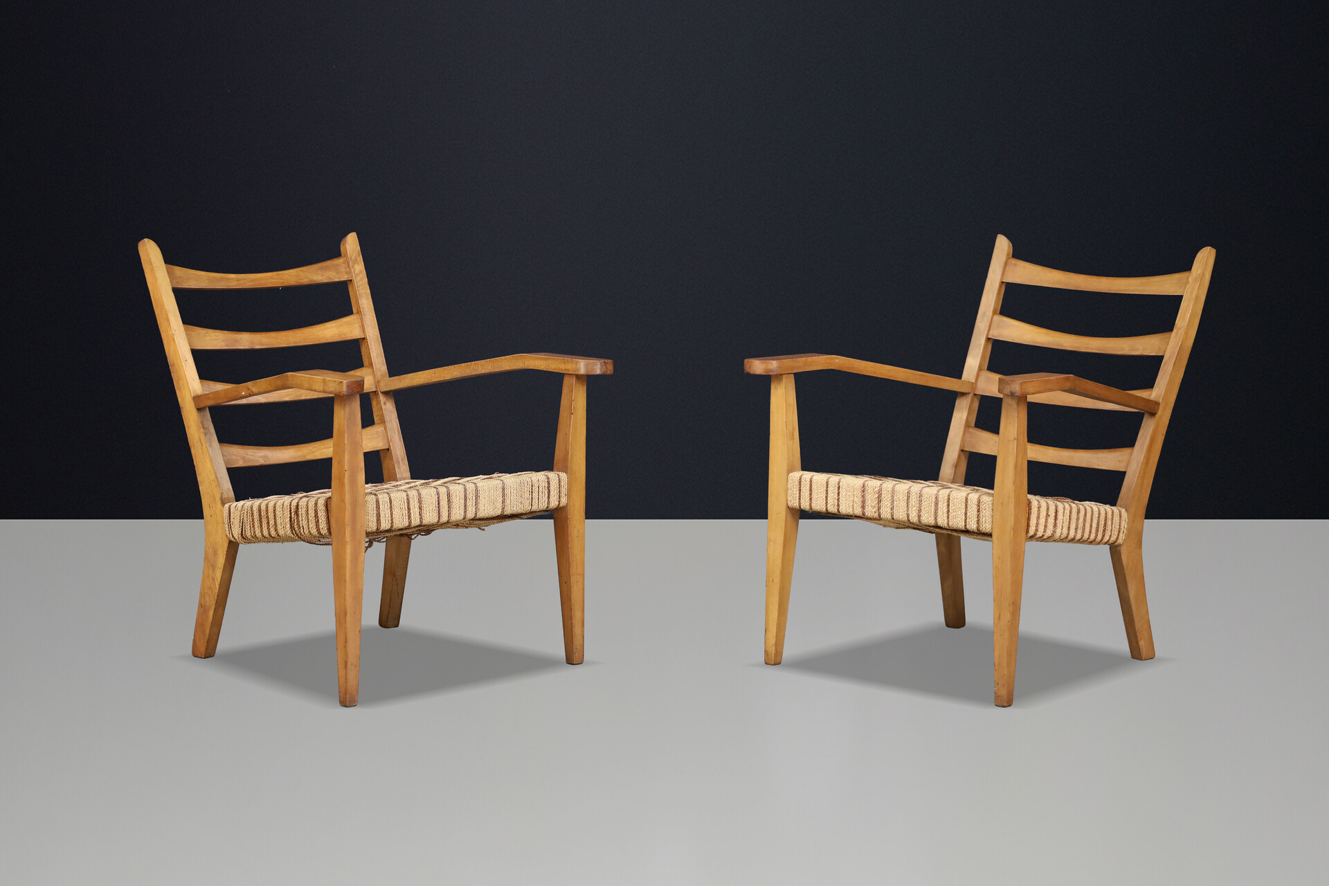 Pair Sculptural Italian Beechwood Armchairs with Original Woven Rope Seats 1940 Mid-20th century