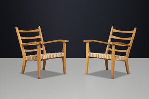 Pair Sculptural Italian Beechwood Armchairs with Original Woven Rope Seats 1940 Mid-20th century
