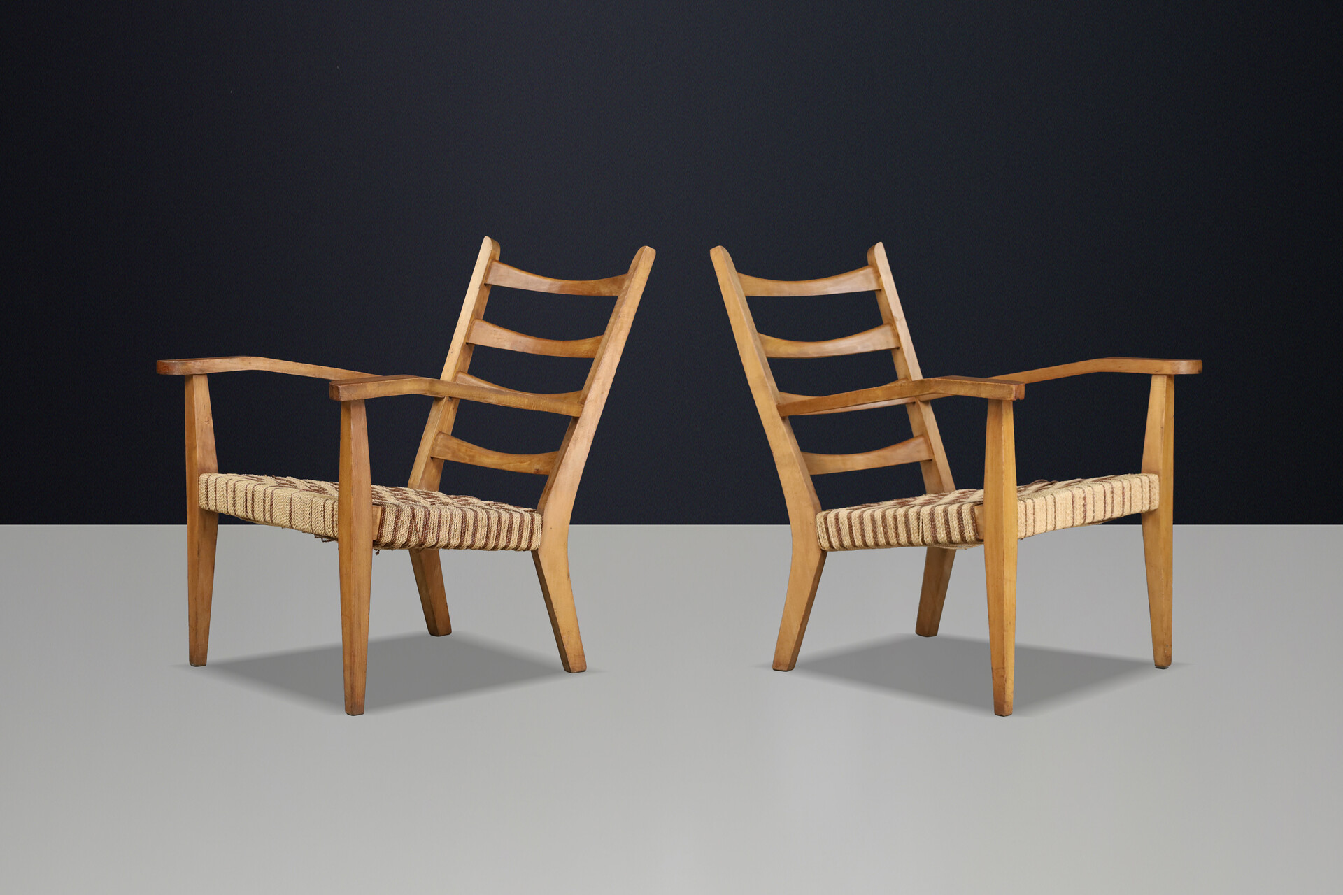 Pair Sculptural Italian Beechwood Armchairs with Original Woven Rope Seats 1940 Mid-20th century
