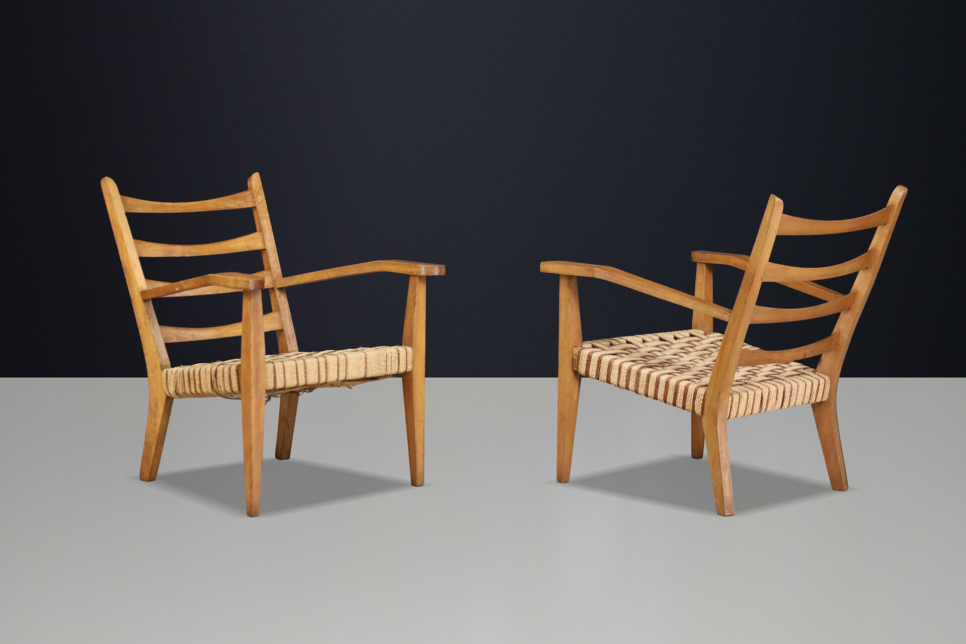 Pair Sculptural Italian Beechwood Armchairs with Original Woven Rope Seats 1940 Mid-20th century