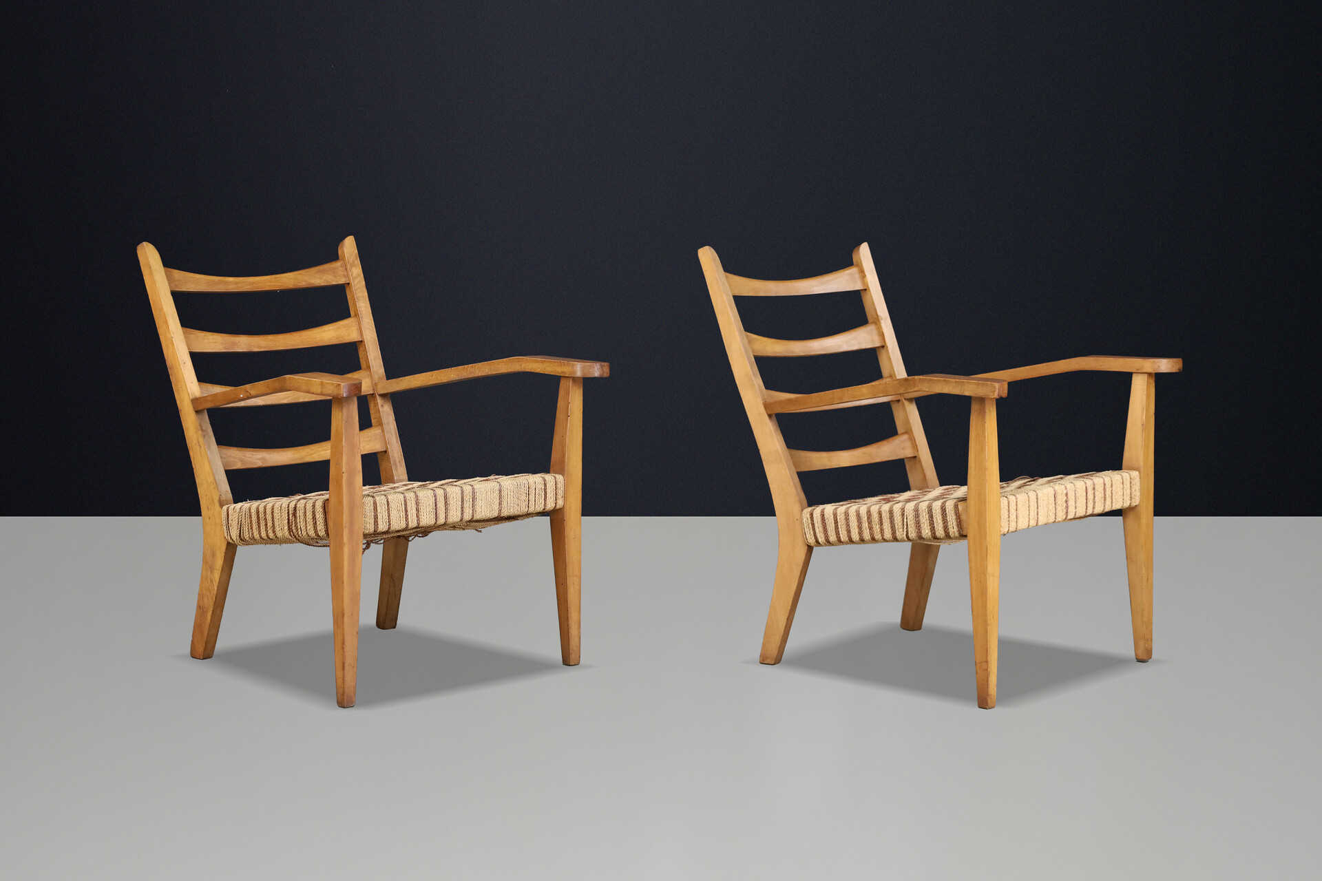 Pair Sculptural Italian Beechwood Armchairs with Original Woven Rope Seats 1940 Mid-20th century