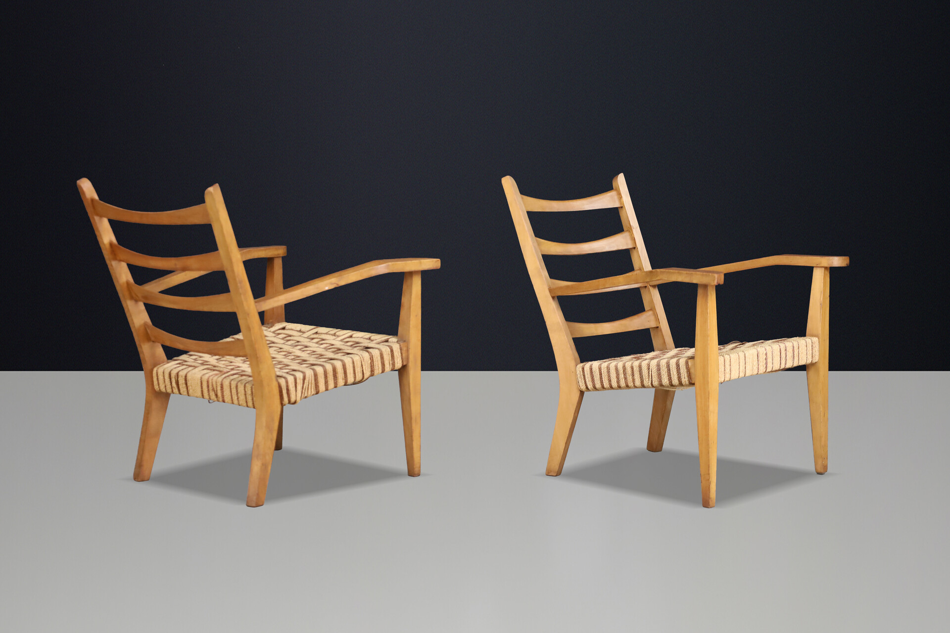 Pair Sculptural Italian Beechwood Armchairs with Original Woven Rope Seats 1940 Mid-20th century