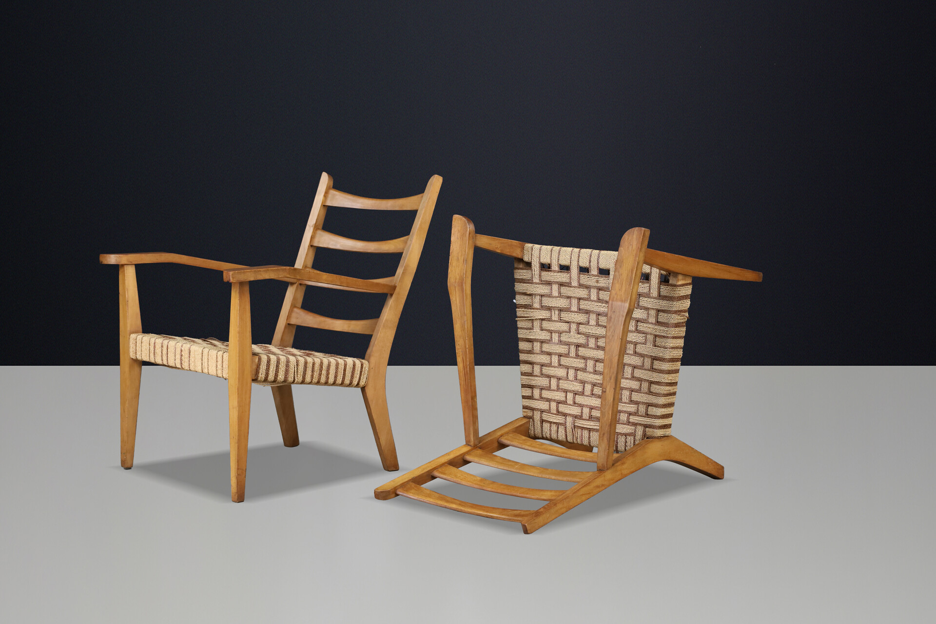 Pair Sculptural Italian Beechwood Armchairs with Original Woven Rope Seats 1940 Mid-20th century