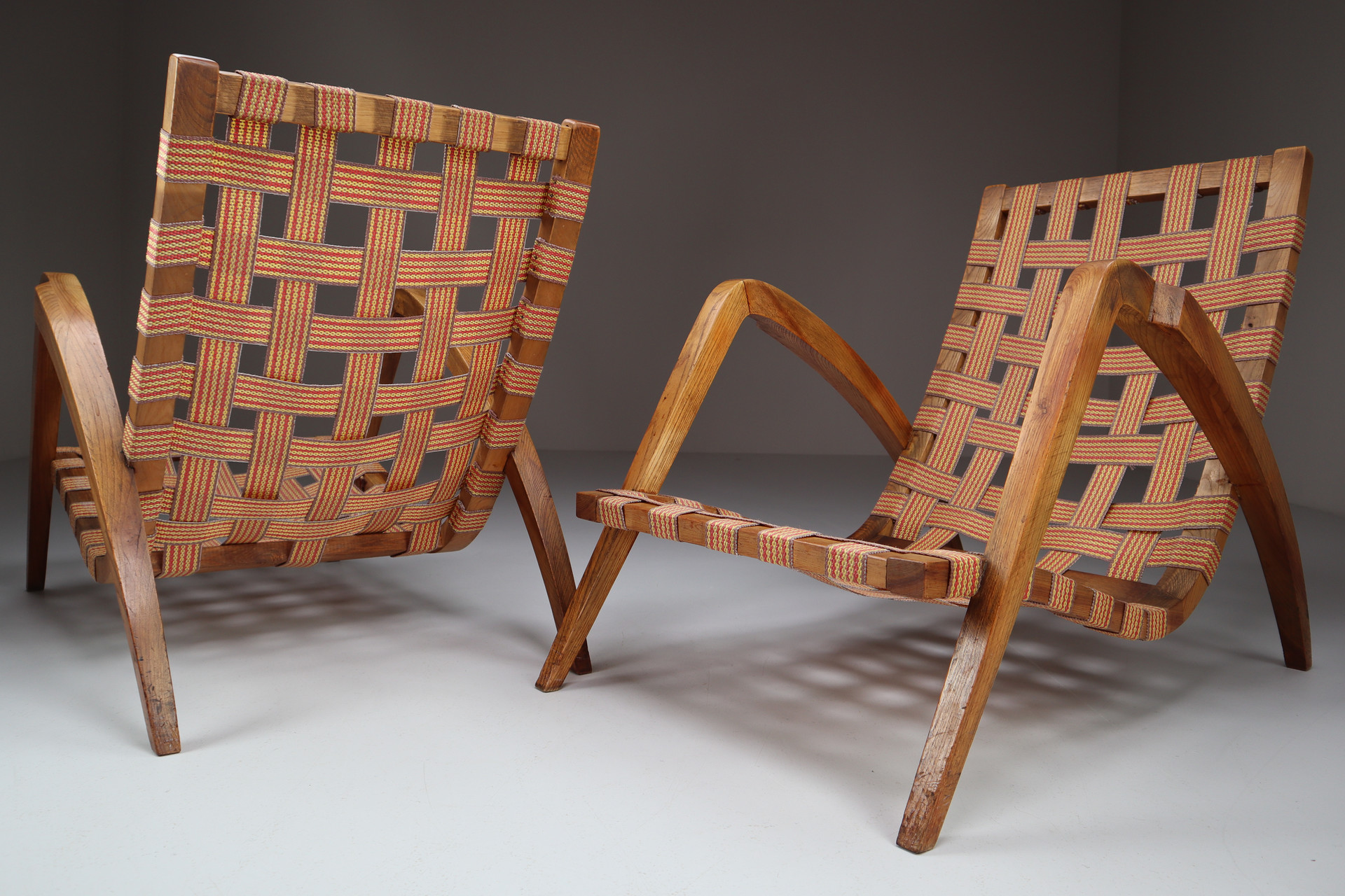 Pair Sculptural Walnut / boucle fabric Lounge chairs1930s Mid-20th century