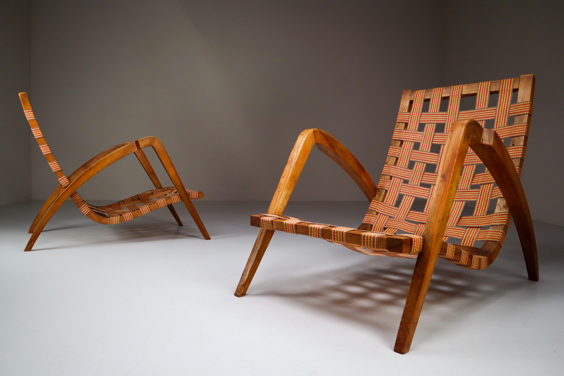 Pair Sculptural Walnut / boucle fabric Lounge chairs1930s Mid-20th century