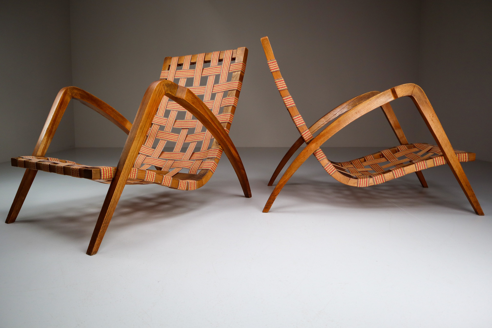 Pair Sculptural Walnut / boucle fabric Lounge chairs1930s Mid-20th century