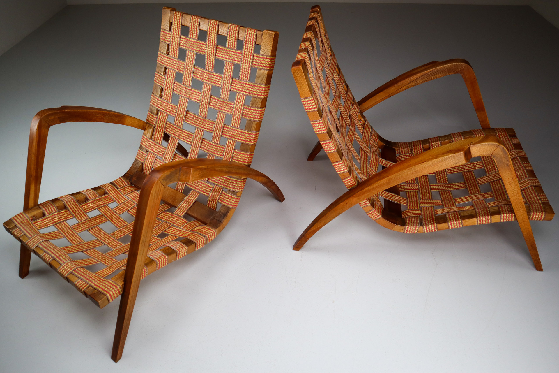 Pair Sculptural Walnut / boucle fabric Lounge chairs1930s Mid-20th century