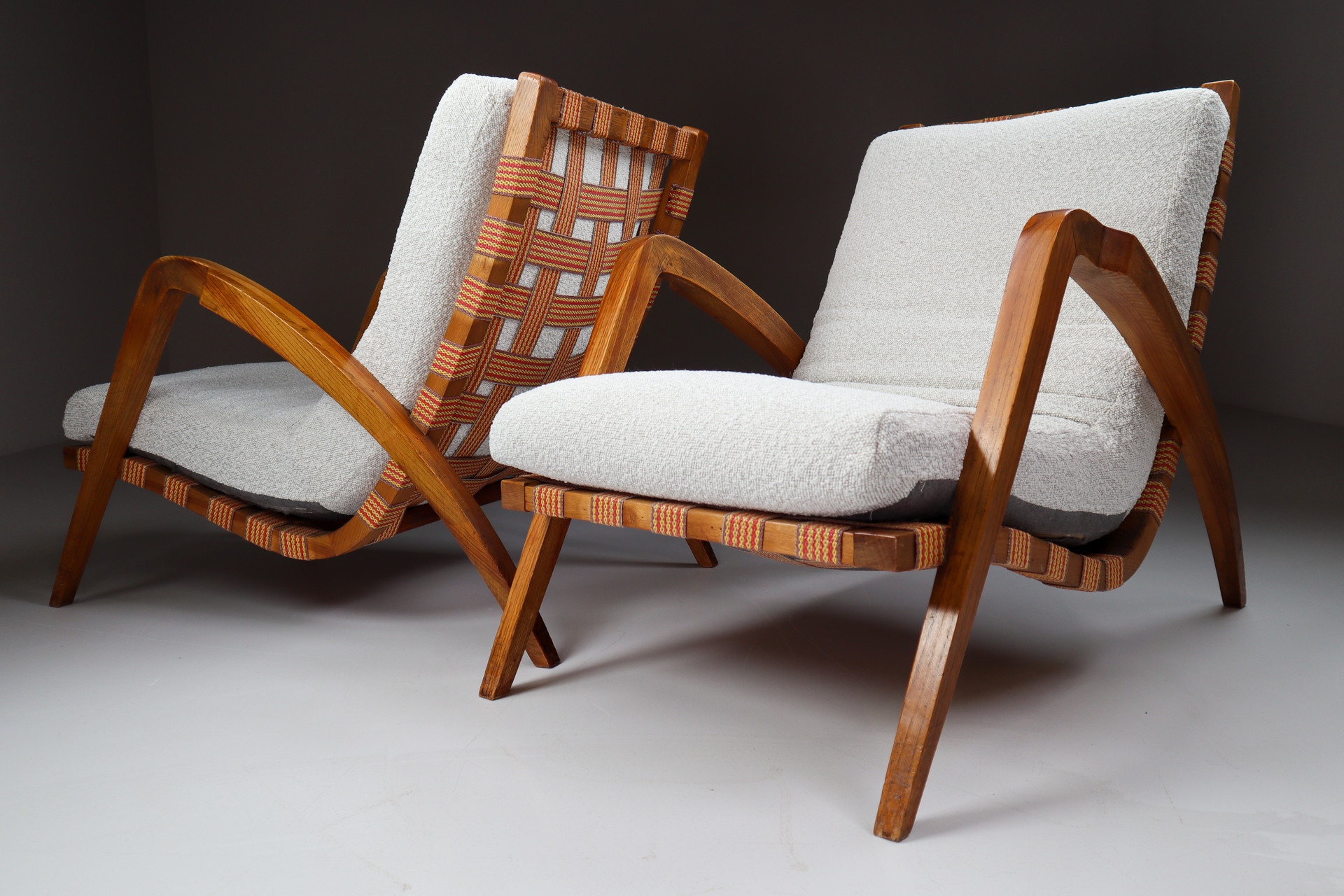 Pair Sculptural Walnut / boucle fabric Lounge chairs1930s Mid-20th century