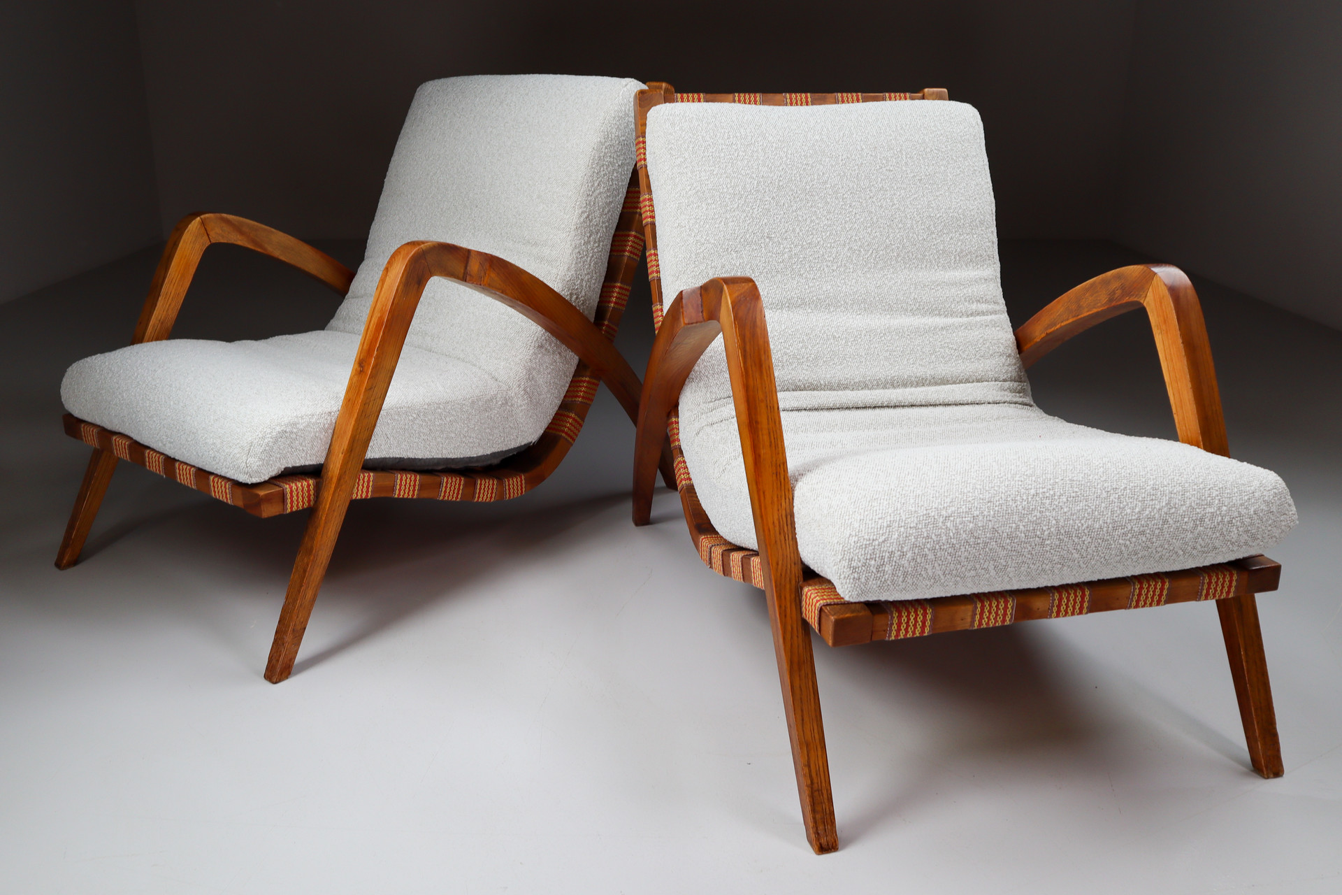Pair Sculptural Walnut / boucle fabric Lounge chairs1930s Mid-20th century