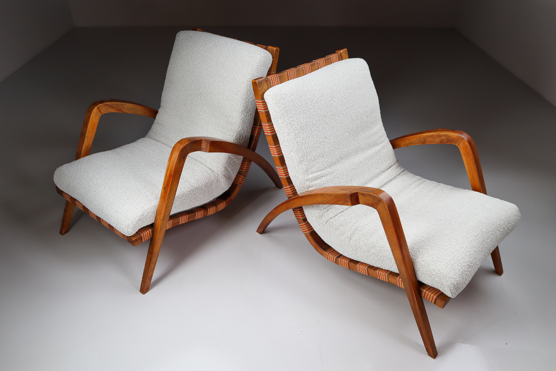 Pair Sculptural Walnut / boucle fabric Lounge chairs1930s Mid-20th century