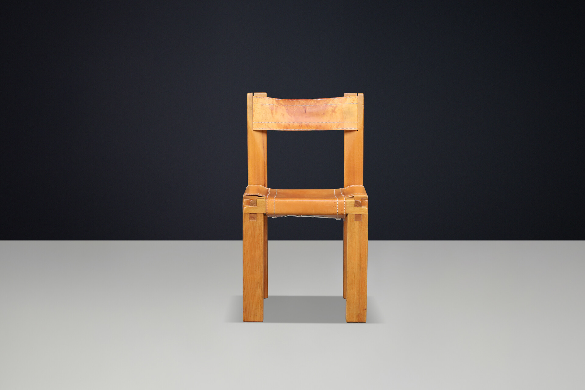 Pierre Chapo S11 Dining Chair in Elm and Cognac Leather, France, 1960s Mid-20th century