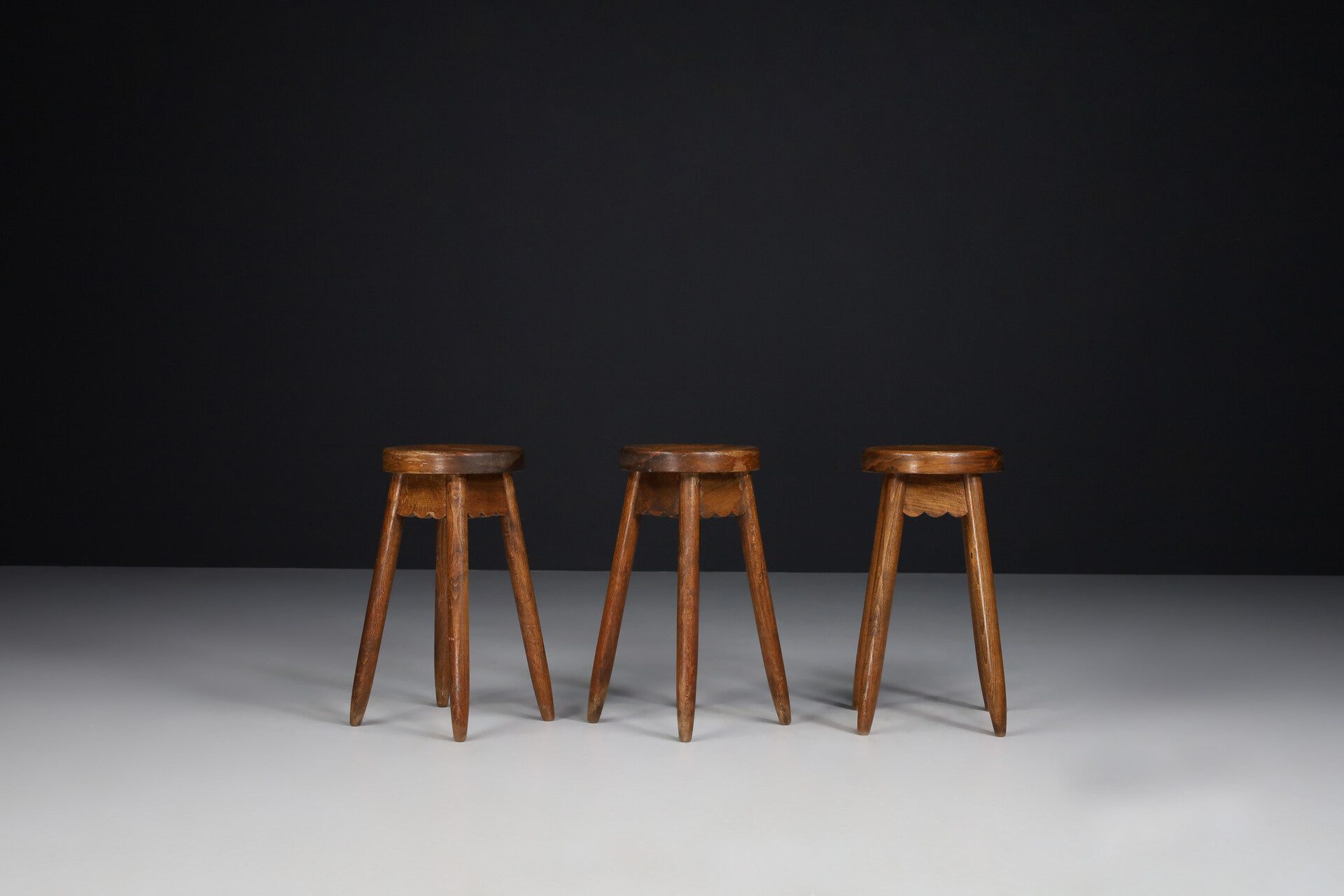 Primitive Brutalism Stools or side tables in stained pine , Spain 1950s Mid-20th century
