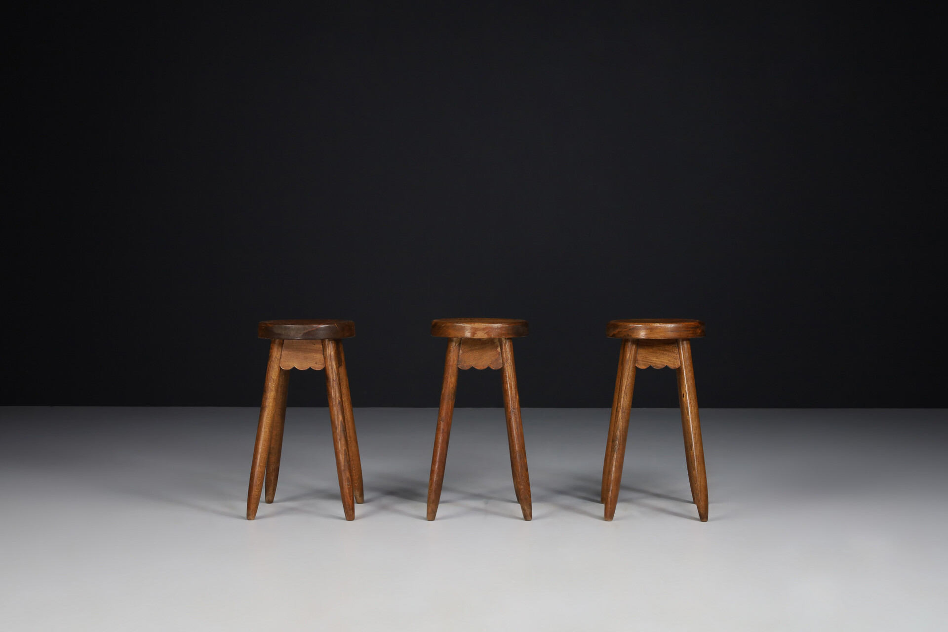 Primitive Brutalism Stools or side tables in stained pine , Spain 1950s Mid-20th century