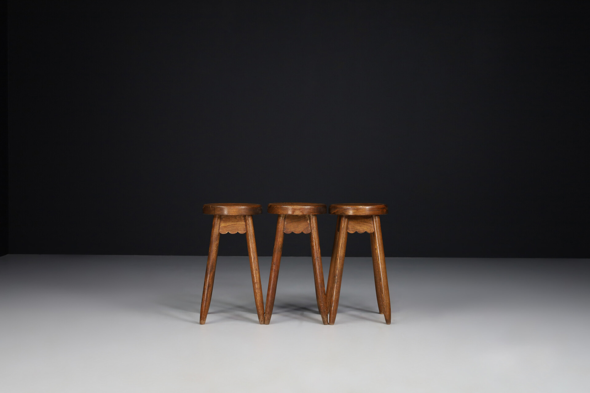 Primitive Brutalism Stools or side tables in stained pine , Spain 1950s Mid-20th century