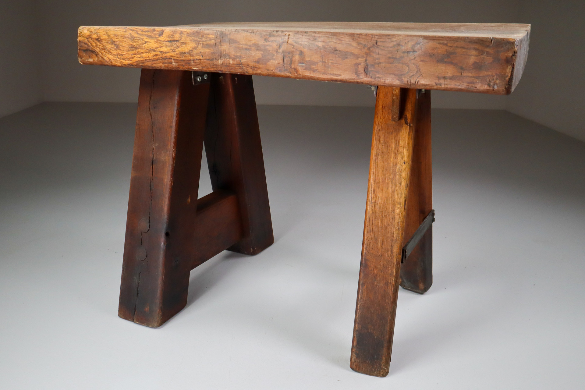 Primitive / brutalist heavy Oak working - side table France 1960s Mid-20th century