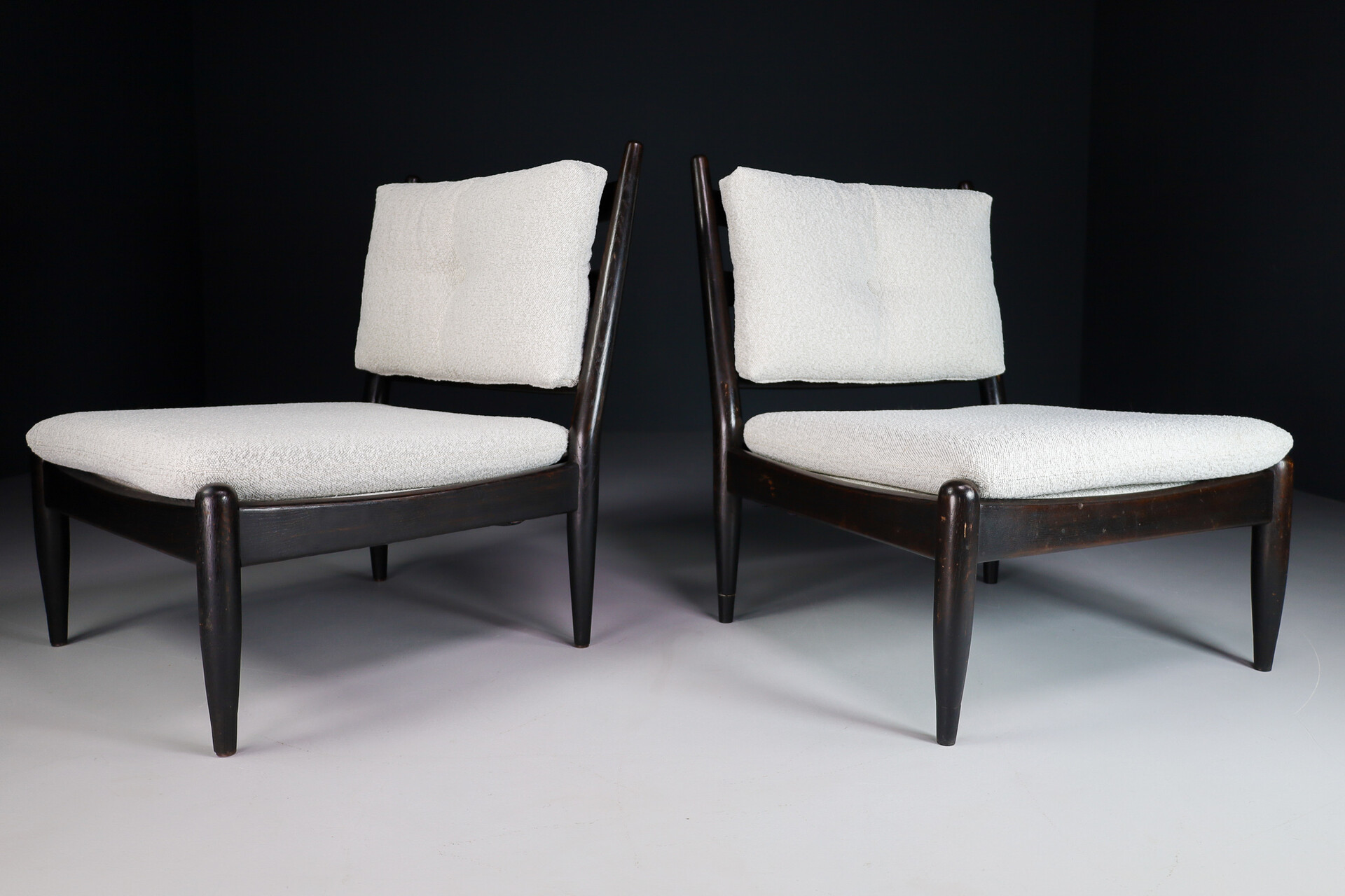 Primitive Pair lounge chair in dark wood and new Bouclé fabric, The Netherlands 1960s Mid-20th century