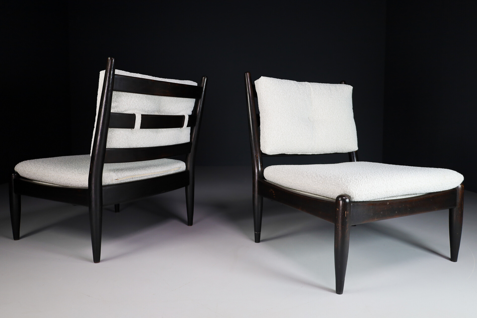 Primitive Pair lounge chair in dark wood and new Bouclé fabric, The Netherlands 1960s Mid-20th century