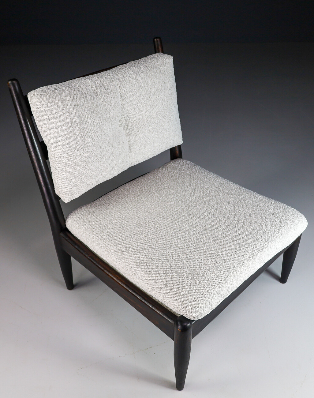 Primitive Pair lounge chair in dark wood and new Bouclé fabric, The Netherlands 1960s Mid-20th century