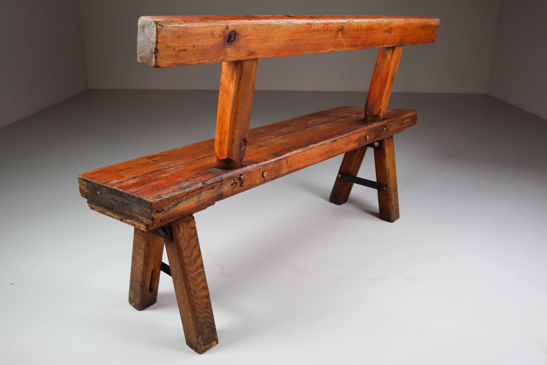 Primitive Pinewood bench, France 1960s Mid-20th century