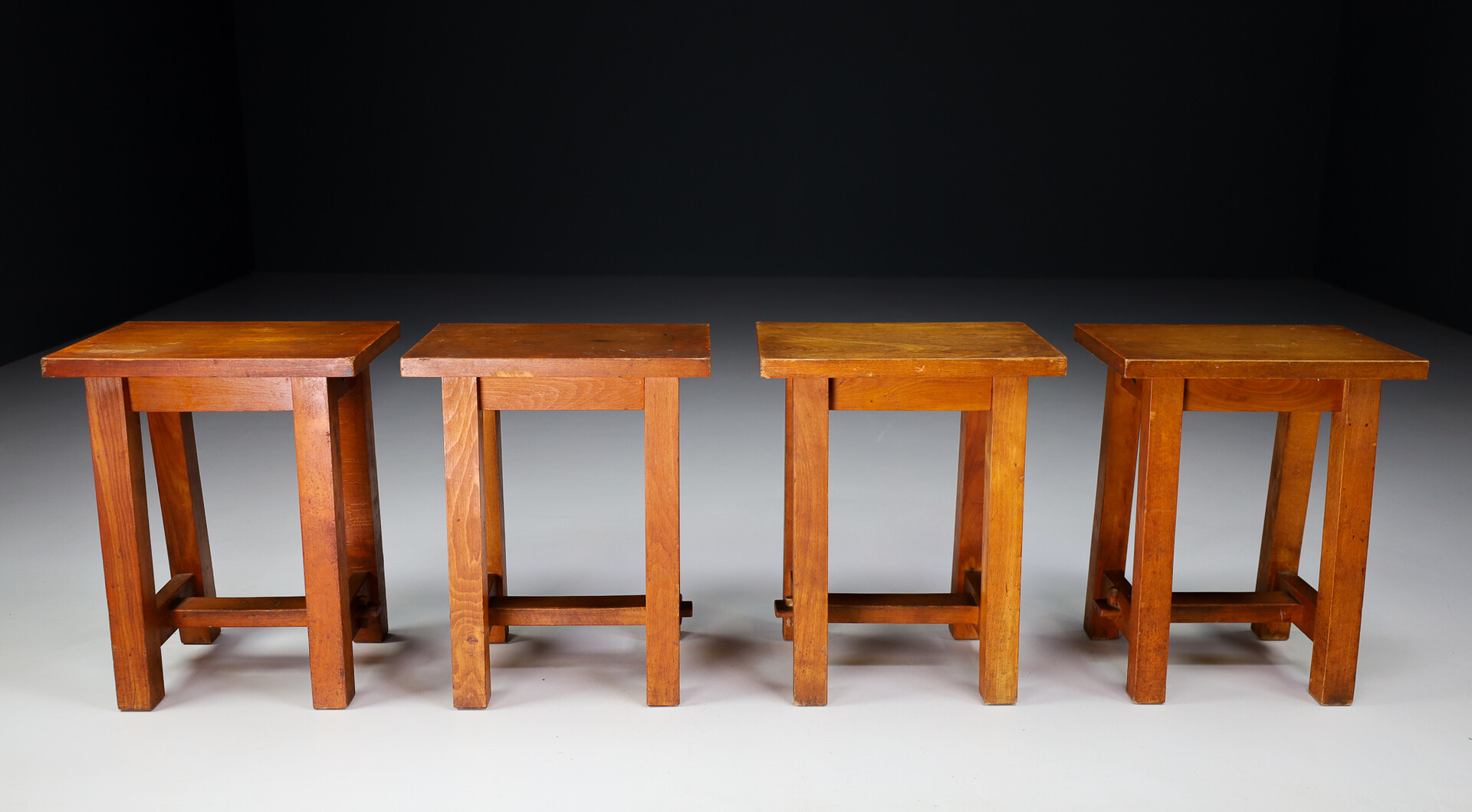 Primitive Set/4 wooden stools , France 1950s Mid-20th century