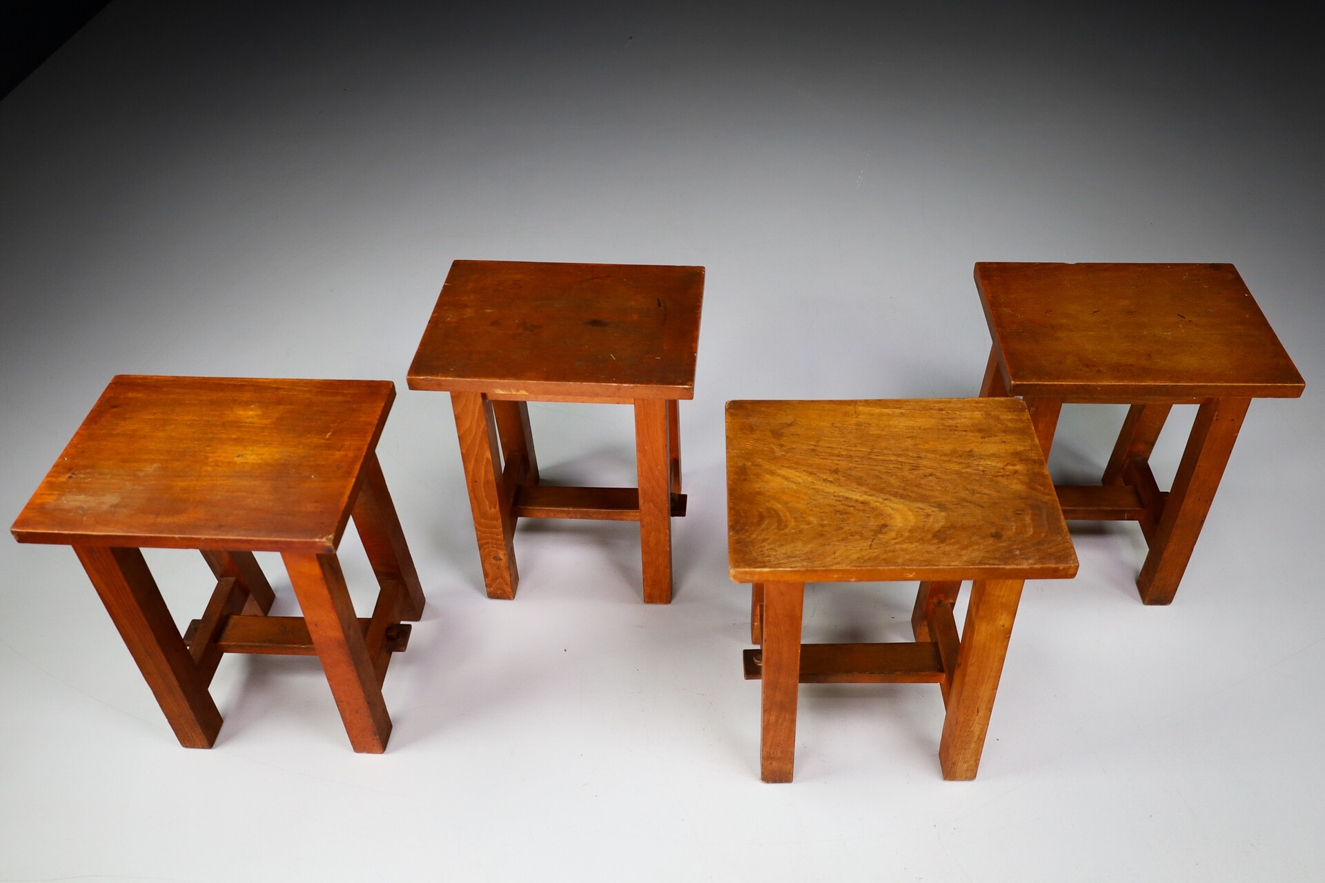 Primitive Set/4 wooden stools , France 1950s Mid-20th century