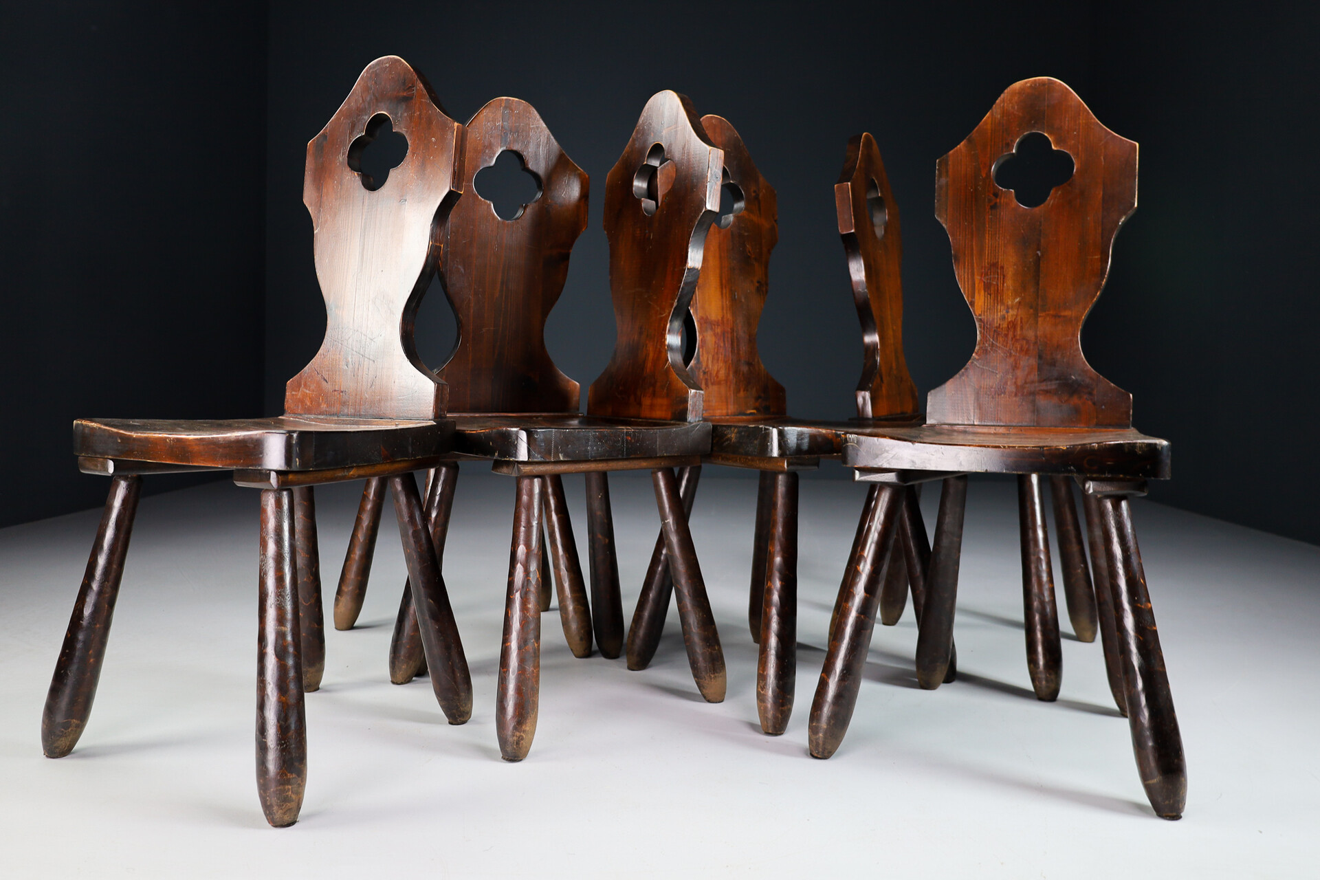 Primitive Stained pine wood dining chairs , France 1950s Mid-20th century