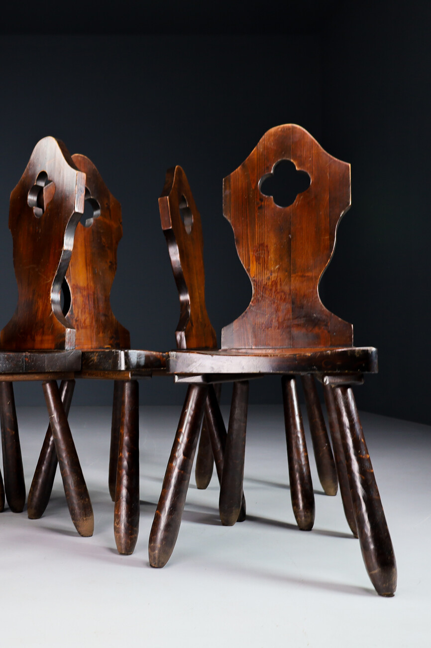 Primitive Stained pine wood dining chairs , France 1950s Mid-20th century