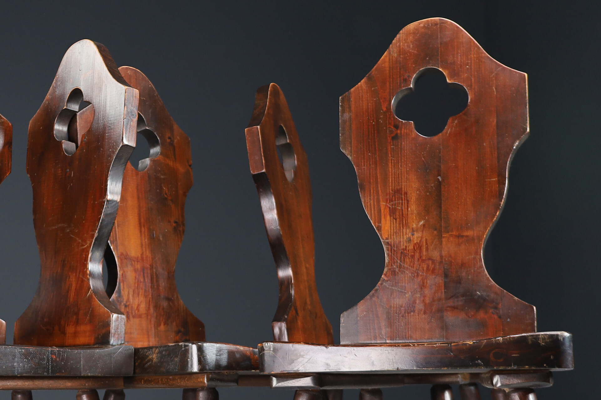 Primitive Stained pine wood dining chairs , France 1950s Mid-20th century