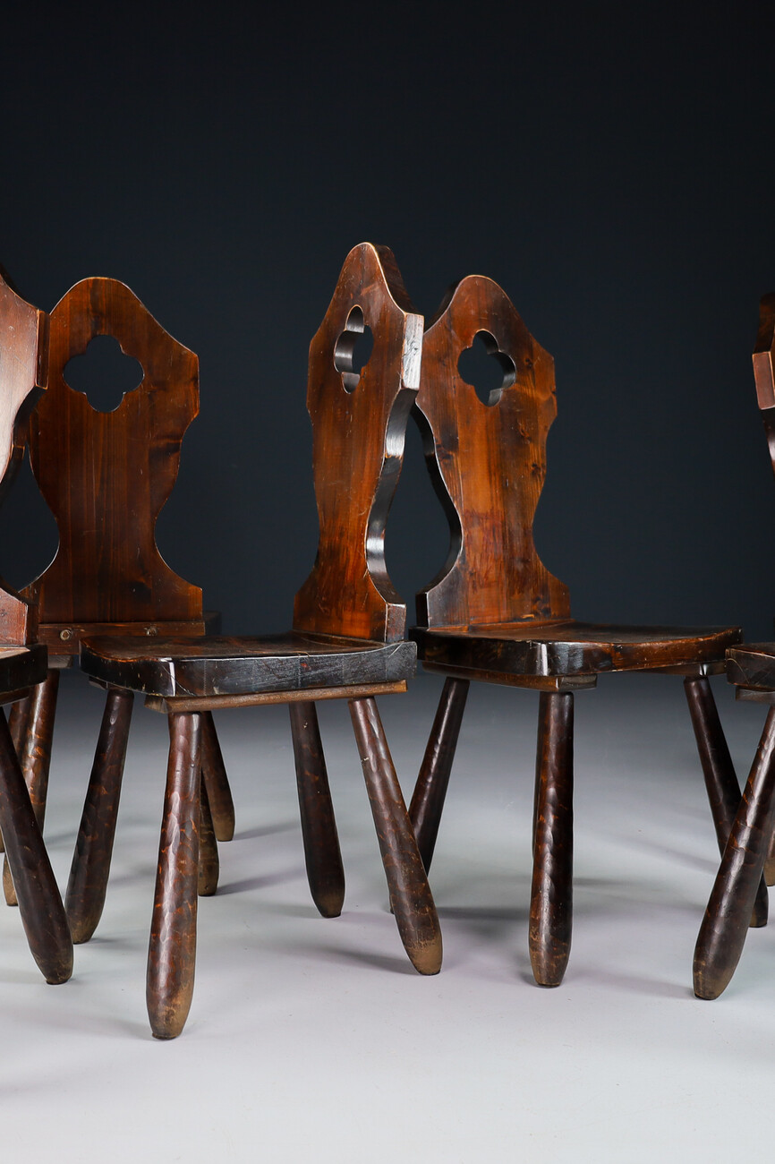Primitive Stained pine wood dining chairs , France 1950s Mid-20th century