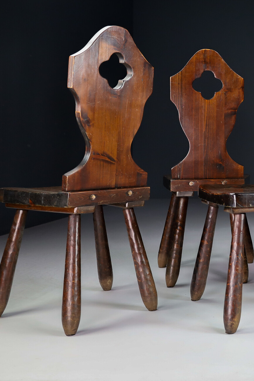 Primitive Stained pine wood dining chairs , France 1950s Mid-20th century