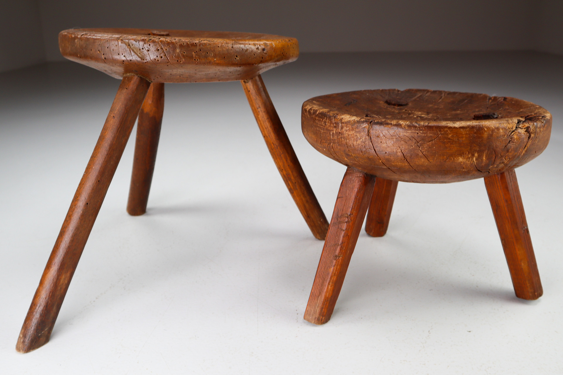 Primitive wood stools / tables France 1850s Mid-19th century