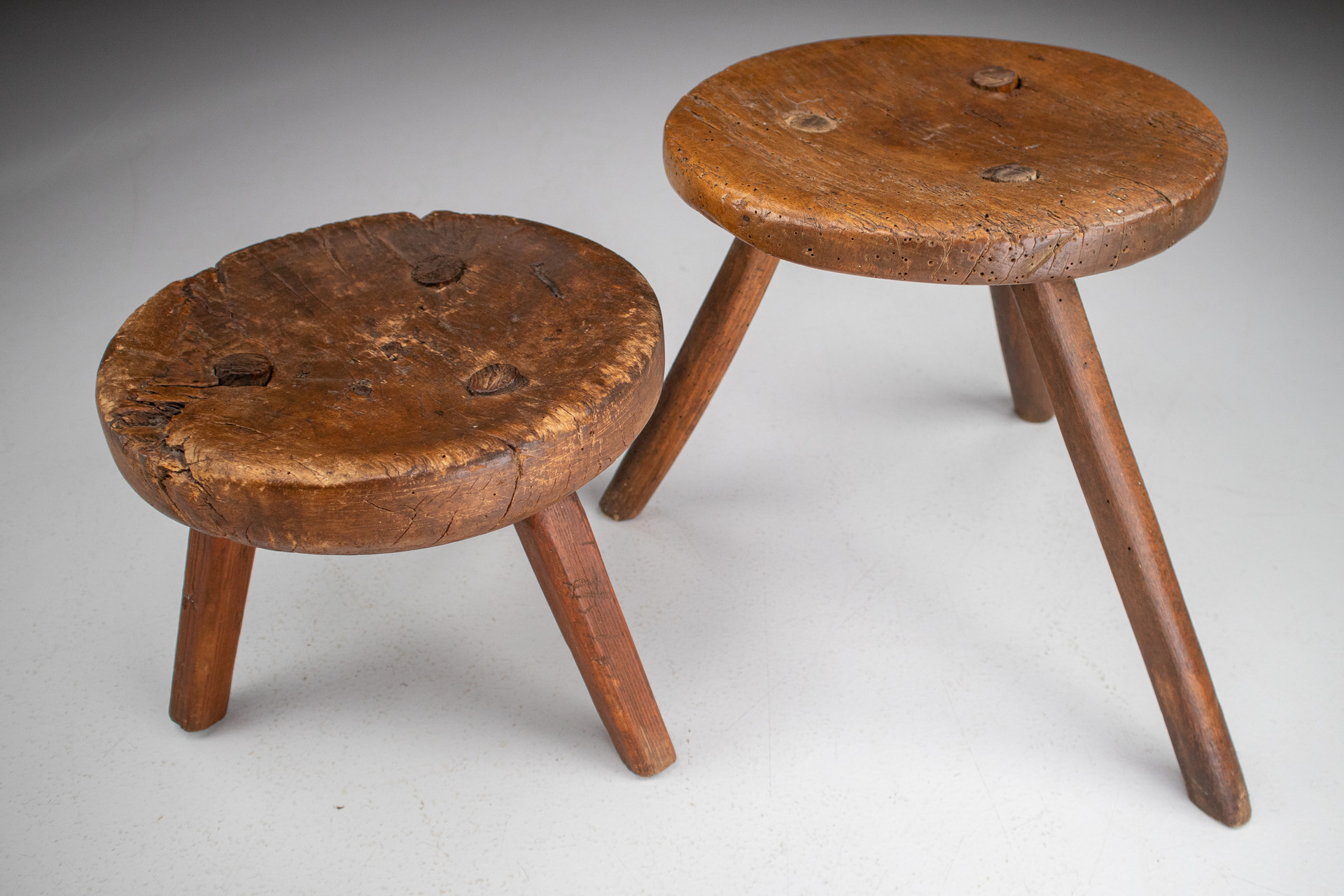 Primitive wood stools / tables France 1850s Mid-19th century