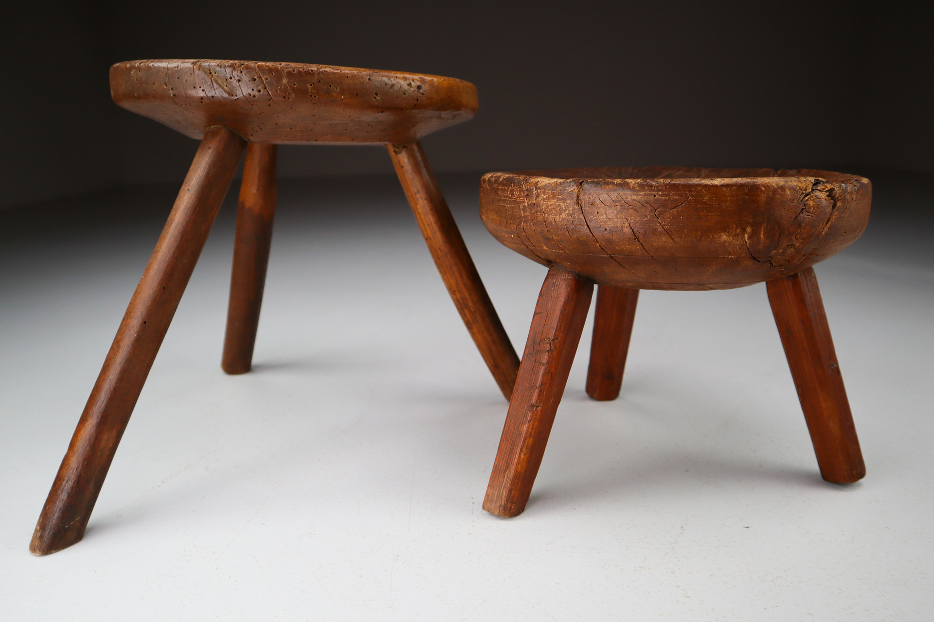 Primitive wood stools / tables France 1850s Mid-19th century