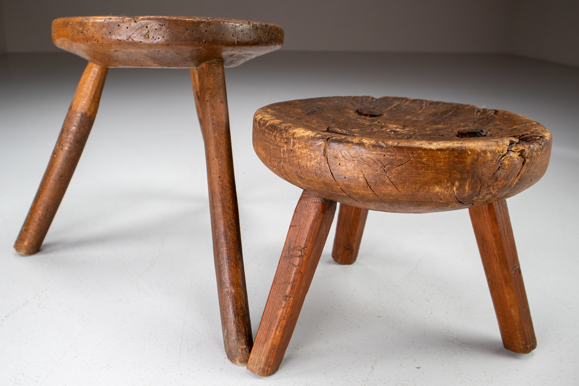 Primitive wood stools / tables France 1850s Mid-19th century