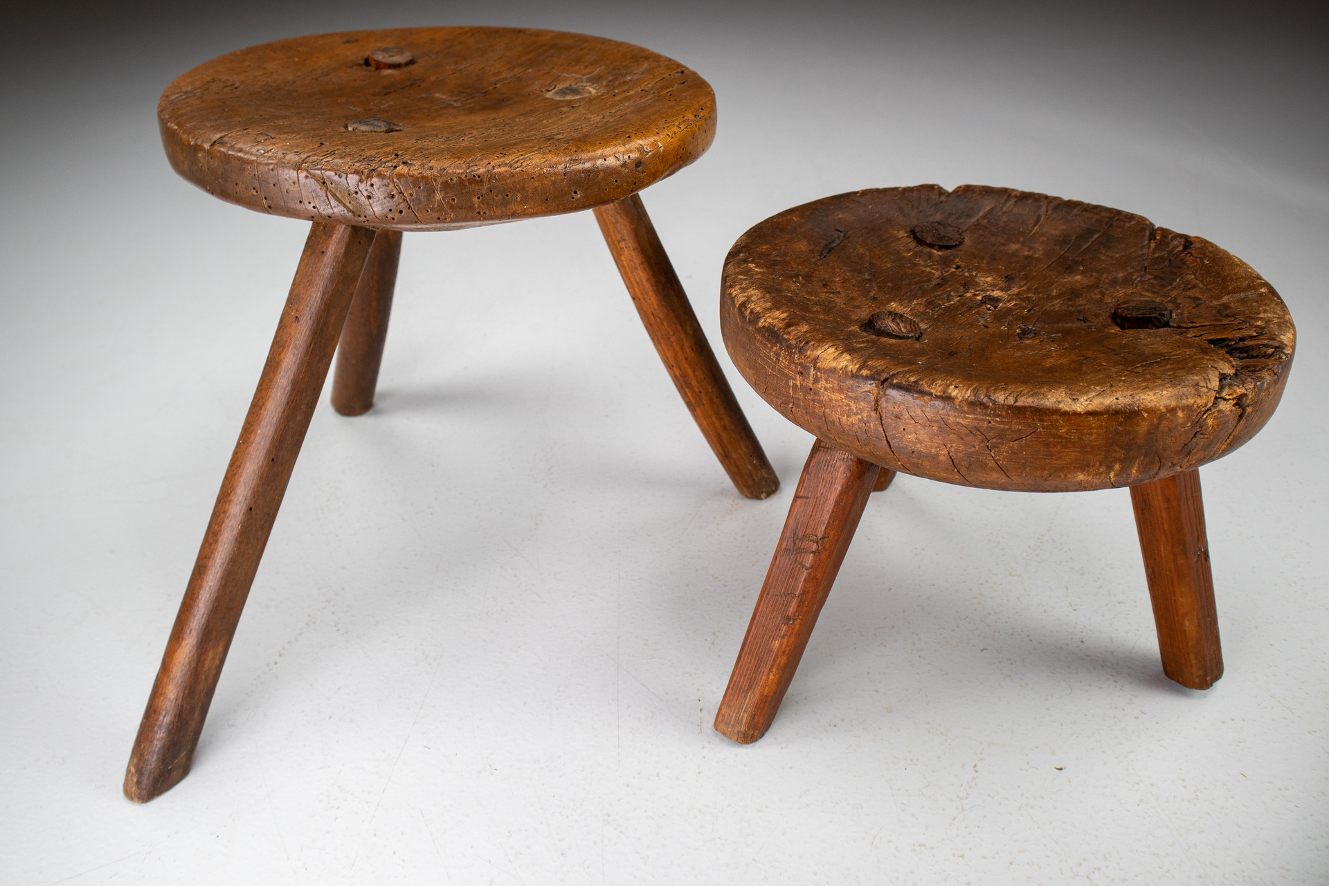 Primitive wood stools / tables France 1850s Mid-19th century