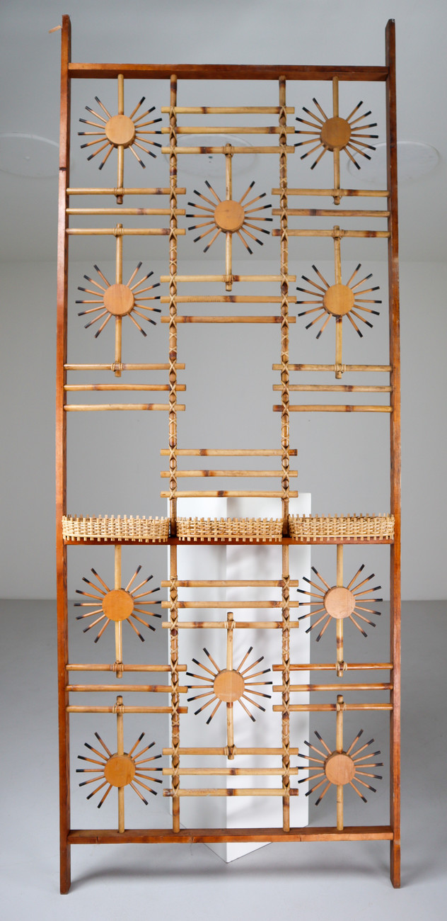 Rattan and Bamboo Screen / Room Divider with Sunbrust Accents, France 1960s Mid-20th century