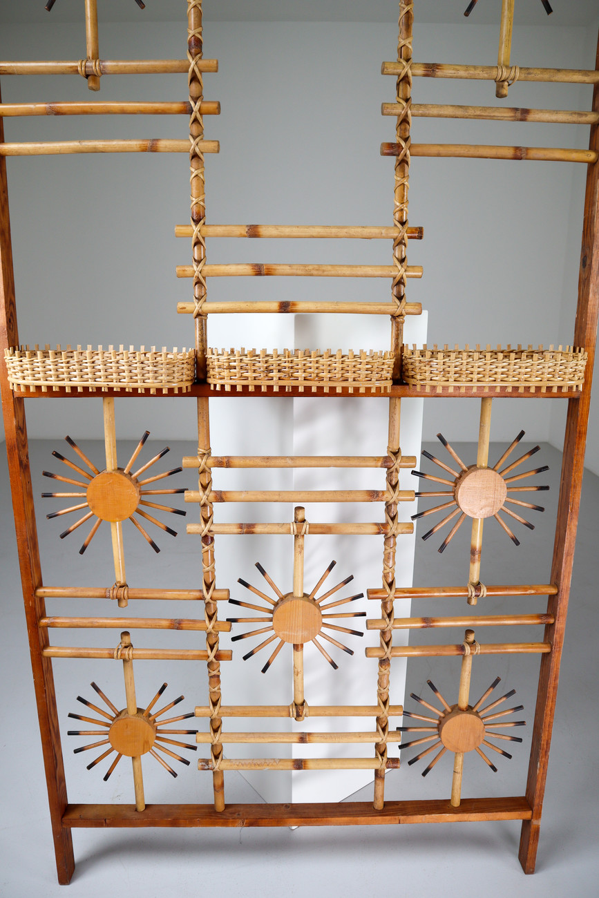 Rattan and Bamboo Screen / Room Divider with Sunbrust Accents, France 1960s Mid-20th century