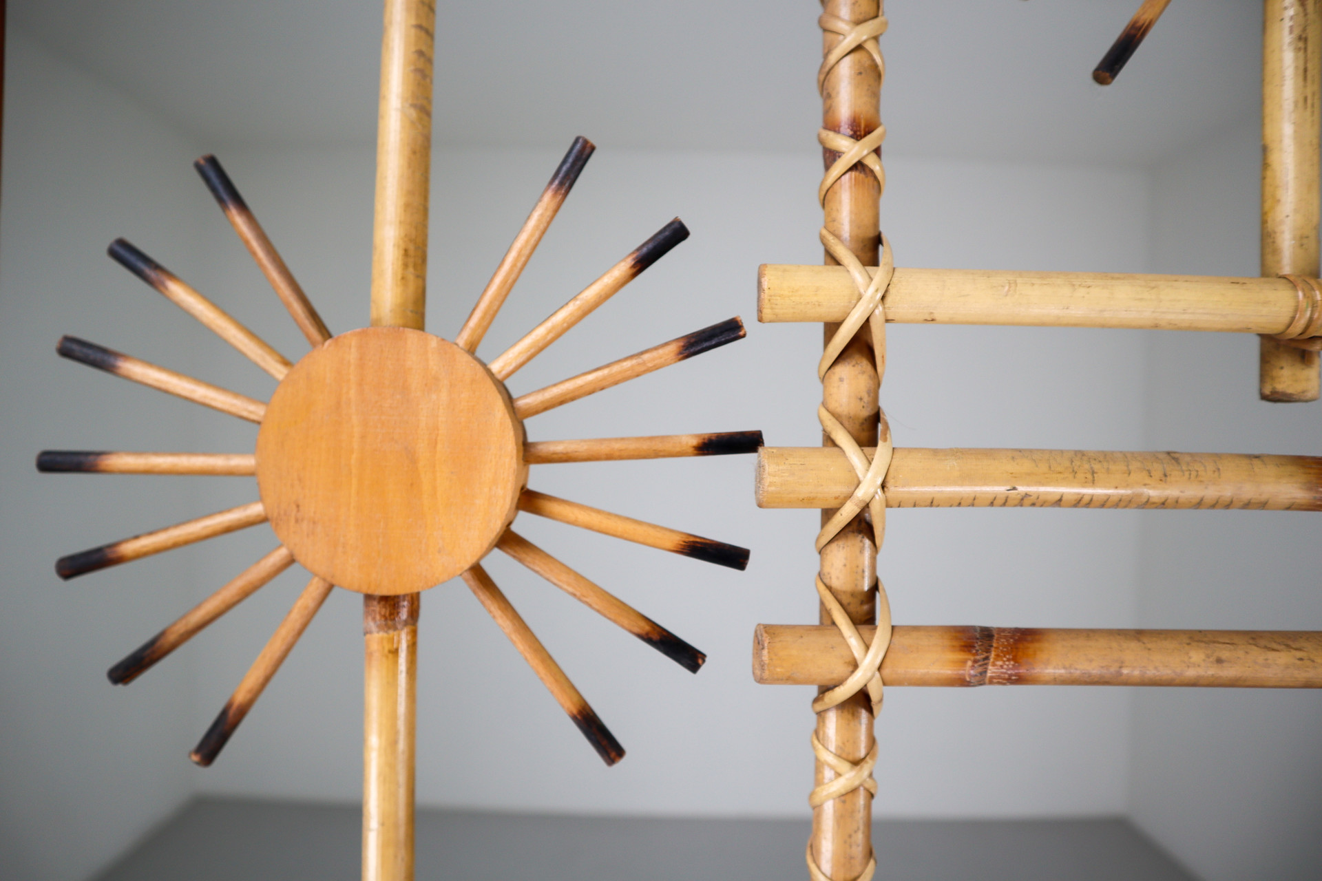 Rattan and Bamboo Screen / Room Divider with Sunbrust Accents, France 1960s Mid-20th century