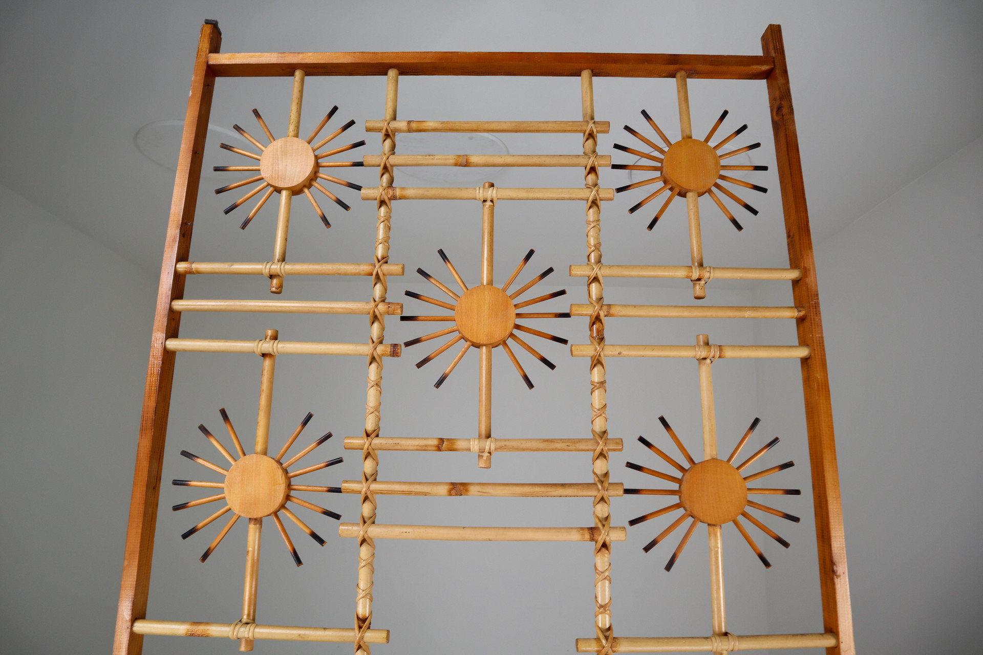 Rattan and Bamboo Screen / Room Divider with Sunbrust Accents, France 1960s Mid-20th century