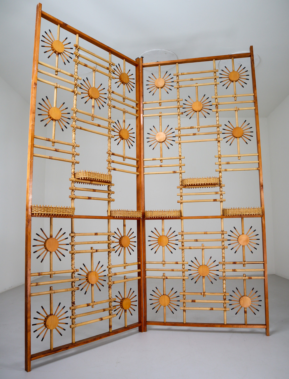 Rattan and Bamboo Screen / Room Divider with Sunbrust Accents, France 1960s Mid-20th century