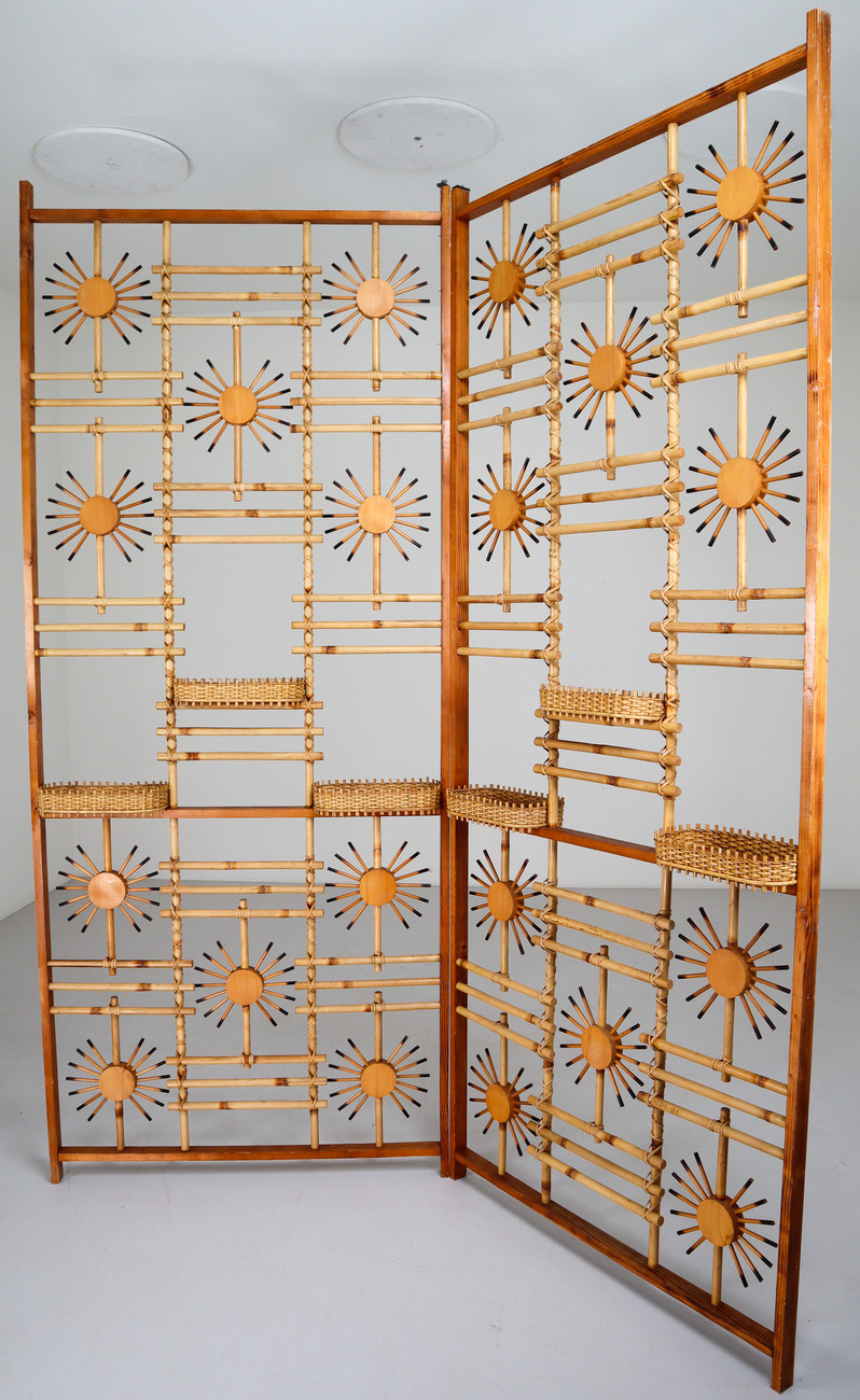 Rattan and Bamboo Screen / Room Divider with Sunbrust Accents, France 1960s Mid-20th century